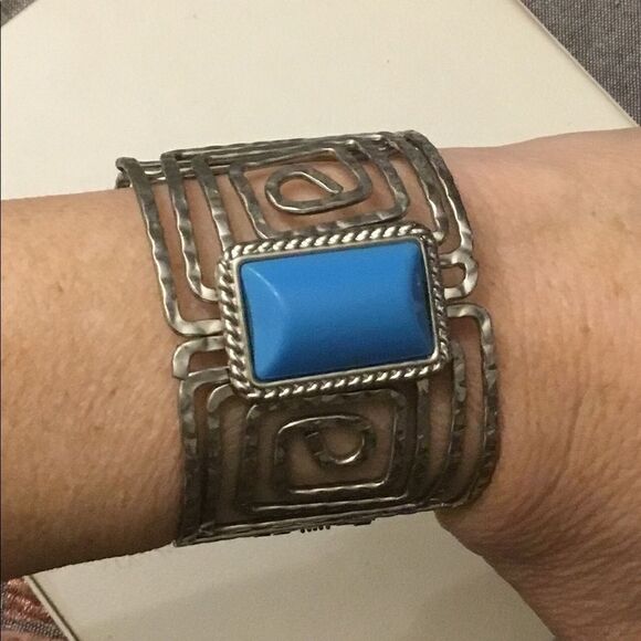 Silver Rectangular Turquoise Bangle Bracelet - Picture 1 of 2